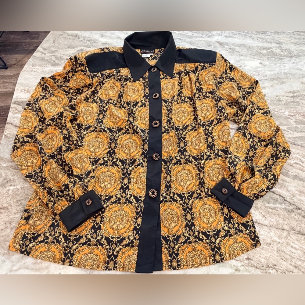 Notations Black Gold Baroque Medallion Blazer Size 12 Long Sleeve Button Front